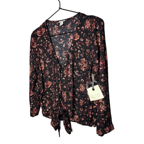 NWT Women's Floral Tie Front Blouse Top, Black Sz XS - Picture 2 of 6